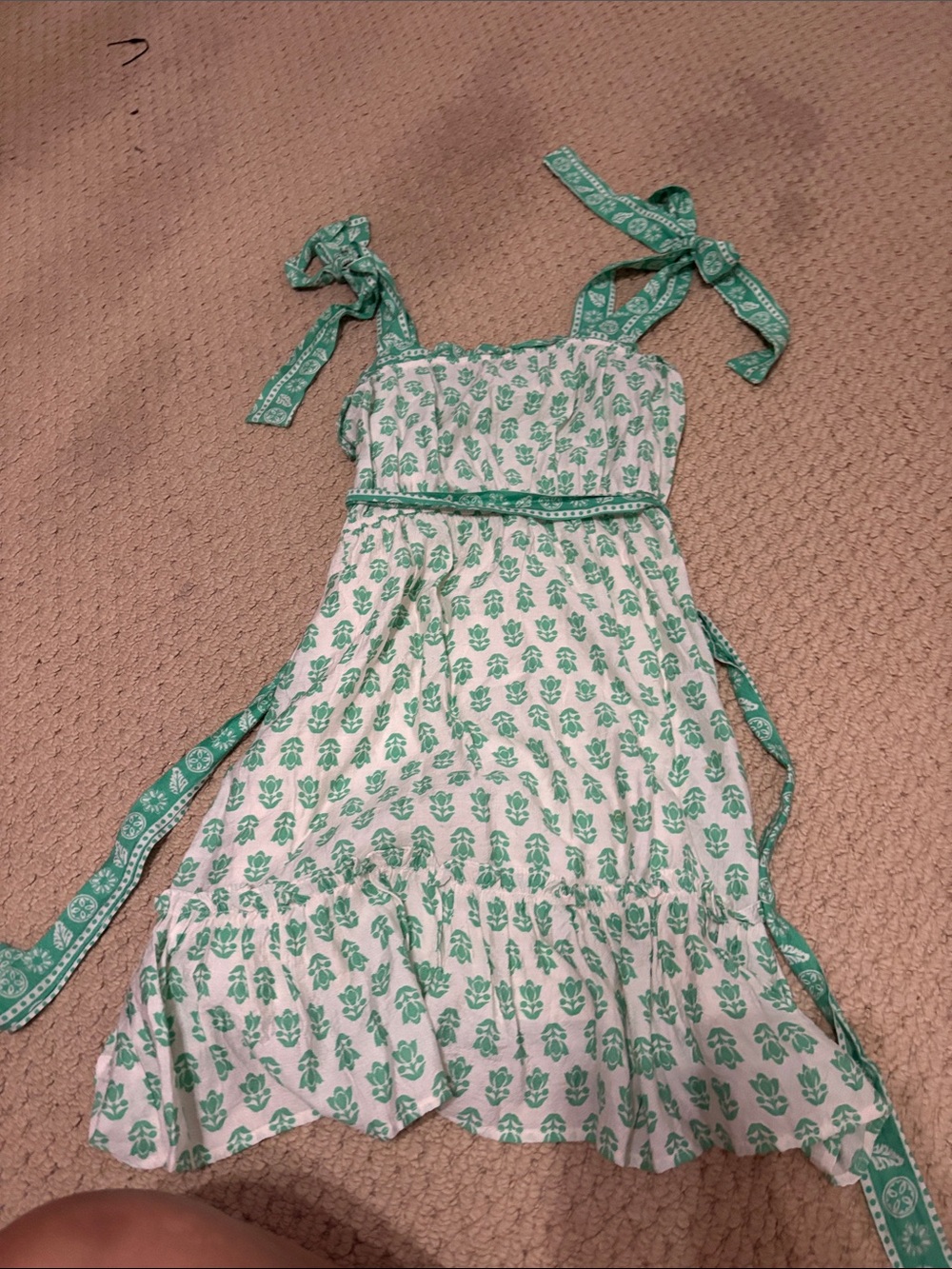 Blu Pepper White Dress with Green Floral Tie-Shoulder Details